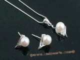 apnset012 White 6.5-7mm round salt water pearl pendant necklace earrings set