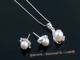 apnset013 White 7-7.5mm round akoya pearl pendant necklace match stud earrings