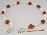 bapn008 White baroque saltwater pearl and red agate necklace jewelry