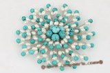 brooch059 Turquoise and seed pearl blooming flower brooch