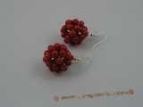 CE001 handcraft knitted 20mm ball shape red round coral beads dangle earring with sterling hook