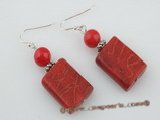 ce023 sterling silver rectangle red coral dangle earrings