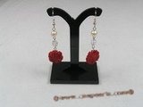 ce025 sterling silver carve flower red coral dangle earrings