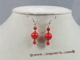 ce026 sterling silver round red coral dangle earrings