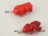 ce033 sterling silver cute pig carve coral pierced dangle earrings