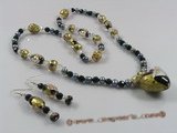 chn002 Black potato pearl withblack crystal Xmas necklace earrings set