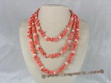 cn037 pink branch coral alternated with cultured pearl rope necklace