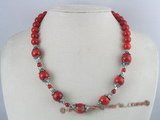 cn063 Round coral single strand necklace with silver beads
