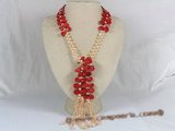 cn086 6-7mm pink bread pearl with coral beads Matinee Necklaces