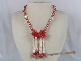 cn088 sing red branch coral beads neckalce with cultured pearl