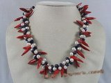 cn090 Red capsicum shape coral twisted neckalce with side-drill pearl