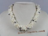 cn092 four strands white branch coral beads twisted necklace with black pearl