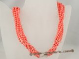 cn109 six strands 4mm pink round coral twisted necklace in wholesale