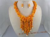 cnset005 Saffron branch coral beads necklace & sterling dangle earrings set wholeslae
