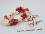 cnset012 white branch coral beads magnetic bracelets & sterling dangling earring set