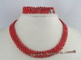 cnset015 handcrafted  4mm round red coral choker necklace/bracelet sets--summer collection