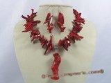 cnset016 6*22mm stick red coral necklace earrings sets