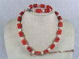 cnset019 handcrafted  red coin coral & pearls necklace/bracelet sets--summer collection
