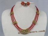 cnset022 3mm red round seed coral beads triple strands rope necklace