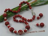 cnset028 Gorgeous red round coral beads necklace earring set in wholesale