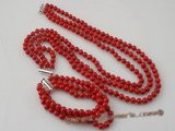 cnset031 6mm round  Red coral necklace jewelry set in triple strand