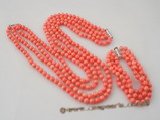 cnset032 Four strand 6mm round  coral necklace jewelry set in pink color