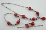 cnset035 Unique red coral and plated silver spacers Necklace & dangling earrings set