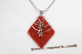 Cpd011 Hand Wrapped 45*62mm Rhombus Red Coral Pendant Necklace