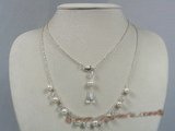 crn024 cultured pearl with Austria crystal opera necklace in sterling chain