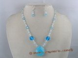 crnset001 Blue Crystal beads Necklace earrings Set with tear-drop shape crystal pendant
