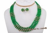 gnset004 6mm round green jade triple strands rope necklace earrings set