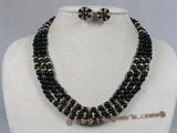 gnset005 6mm round black agate triple strands rope necklace earrings set