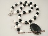 gnset022 White round  deep sea tridacna beads and black agate jewelry set