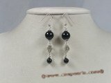gse038 Black agate and crystal sterling dangle earrings