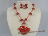 gset021 red double heart lampwork pendant necklace&earrings set wholesale