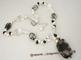 gsn084 Faceted black pendant and white pearl gemstone necklace on sale