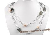 Gsn115 Handcrafted Pink Whorl Pearl and Gemstone Oval Link Necklace