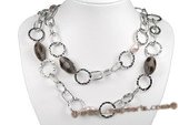 Gsn116 Trendy Smoky Quartz and Baroque Pearl Hammered Link Necklace