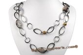 Gsn120 Hammered Oval Rope Link Necklace with Moss Agate and Whorl Pearl