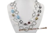 Gsn137 Elegant Freshwater Pearl and Faceted Gemstone Rope Link Necklace