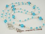 holder001 Blue crystal and pearl rope necklace Lanyard ID badge holder