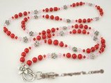 holder004 Cherry coral and faceted crystal bead Lanyard ID badge holder