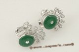 Je016 sterling silver oval drop green jade screwback Non Pierced clip earring