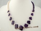 jn023 gradual change square amethyst beads necklace with  pearl--summer collection