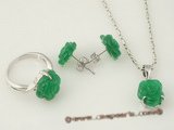 jnset003 Fashion 11mm carve flower design chinese green jade jewelry set in silver plated