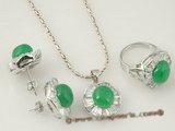 jnset007 Silver plated 10mm semi round green jade jewelry set inlaid with zircon