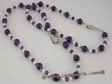 mdj011 Glossy Amethyst Rounds, silver fitting and potato pearl Mother Daughter necklace Set