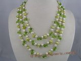 MPN003 Three rows potato pearls necklace with green tear-drop cr
