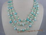 MPN005 Three rows potato pearls necklace with bule crystal beads