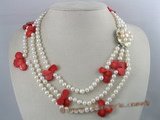 mpn021 three strands 6-7mm white potato shape freshwater pearl with fanlike red coral beads